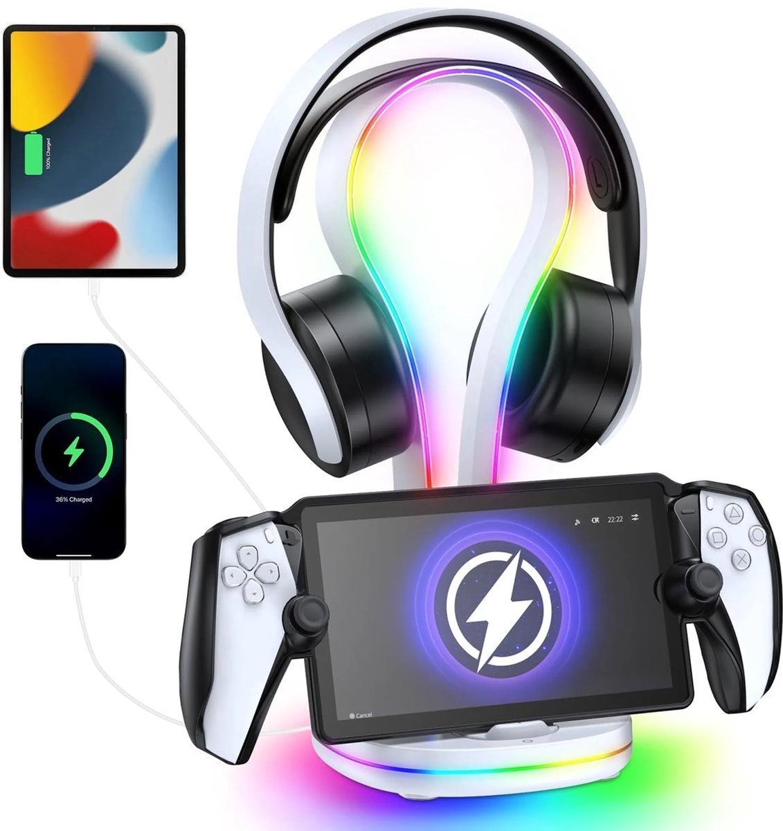 Oplaadstation geschikt voor Playstation Portal en Headsethouder geschikt voor PS5-hoofdtelefoon - met 11 RGB-lichtstanden en USB-poort - Case-vriendelijk oplaadstation voor PS Portal-accessoires
