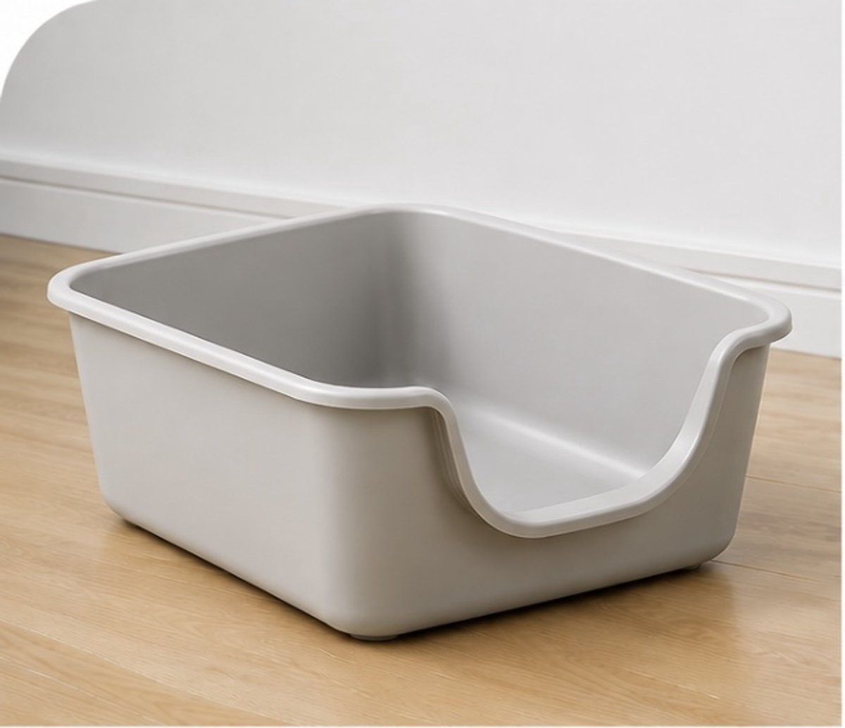 Kattenbak met hoge randen en een lage instap, open kattentoilet, ook geschikt voor kleine honden. Kleur: Grijs. Kattenbak met hoge randen en een lage instap, open kattentoilet, ook geschikt voor kleine honden. Kleur: Grijs.