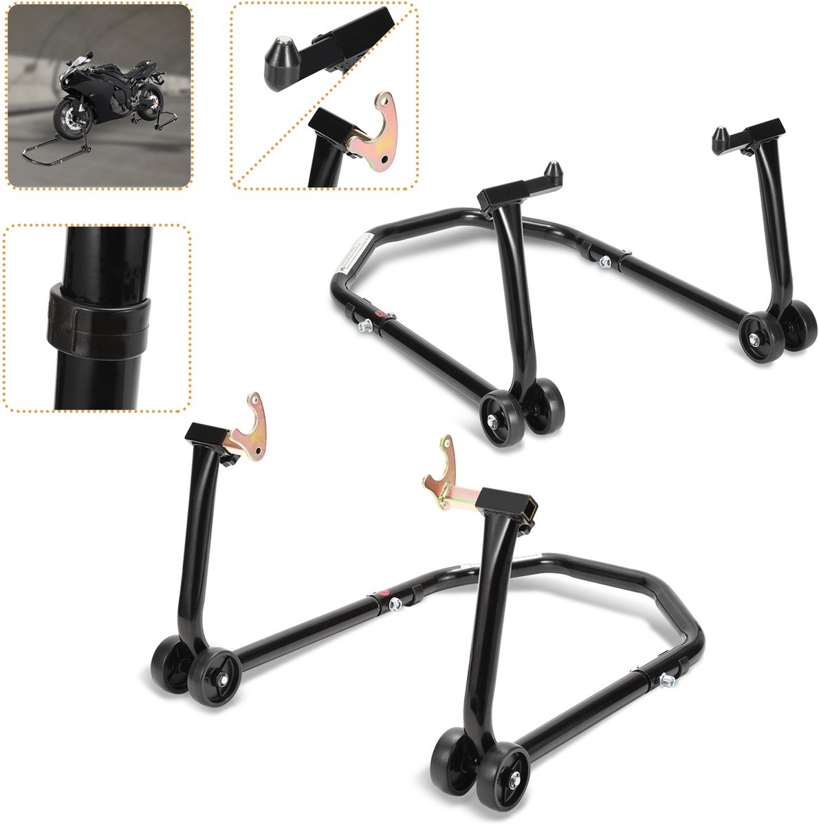 Vigevee Motorstandaard Set Voor en Achter - Zwart Gelakt Staal - 65 x 44 x 35 cm - voor Parkeren, Opslag, Garage en Werkplaats
