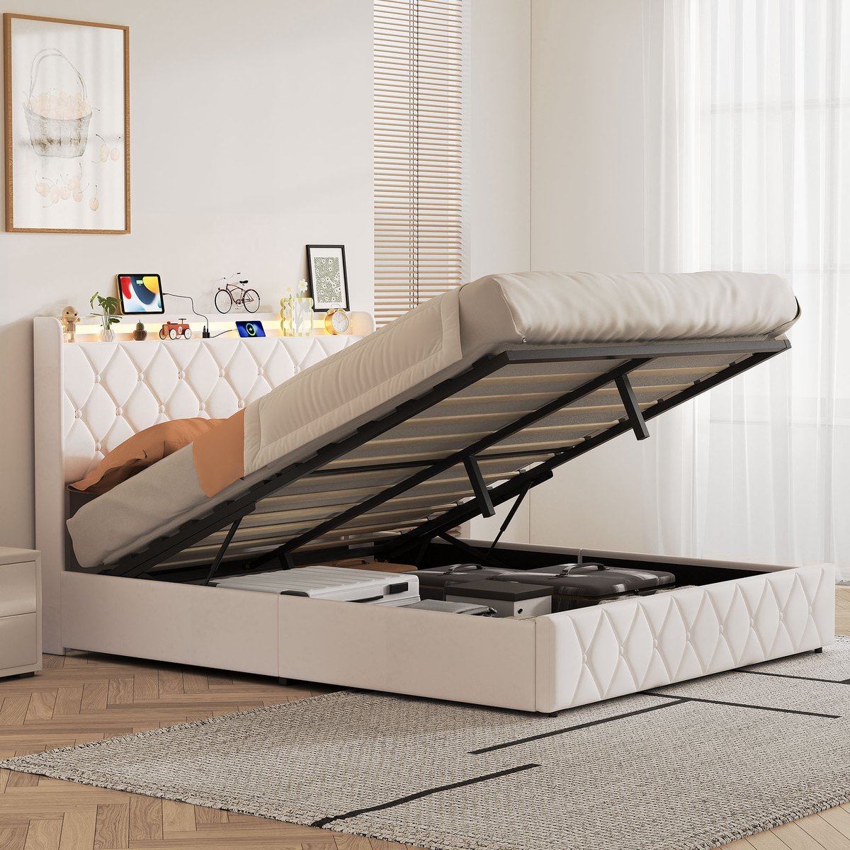 Tweepersoonsbed 140 x 200 cm met opbergruimte, gestoffeerd bed met LED-verlichting, USB-oplaadfunctie en opbergbedframe Fluweel, zonder matras,Beige