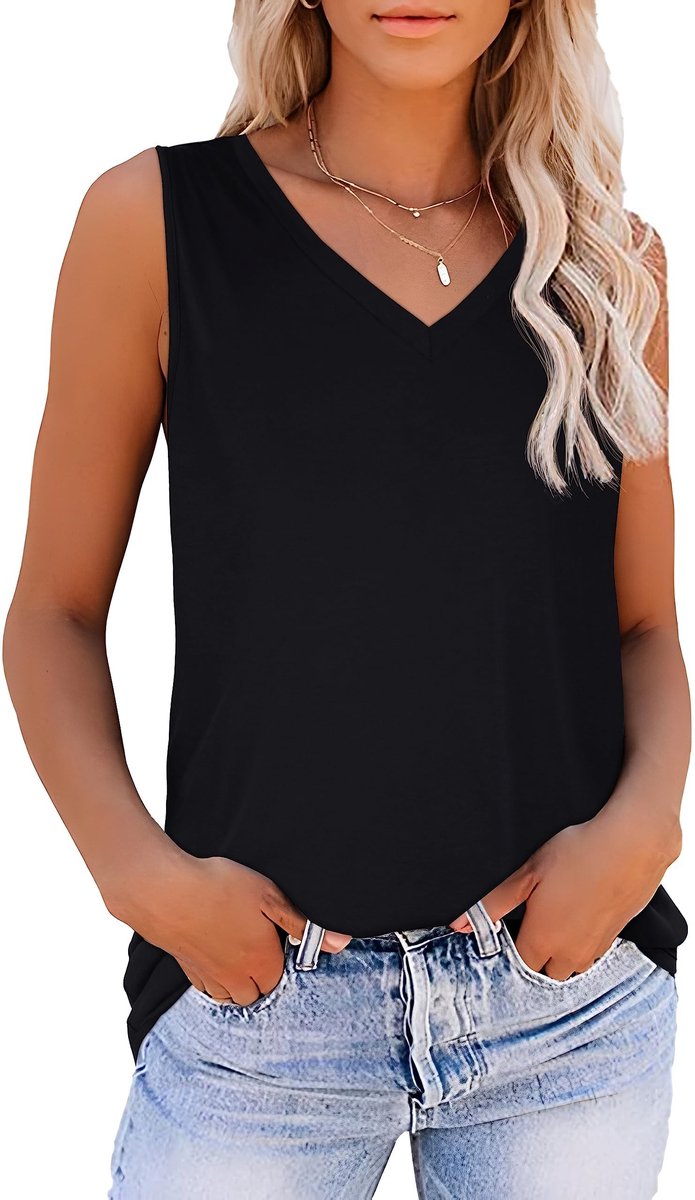 Elzusha - Dames Mouwloos V-hals Tanktop - Casual - Zwart
