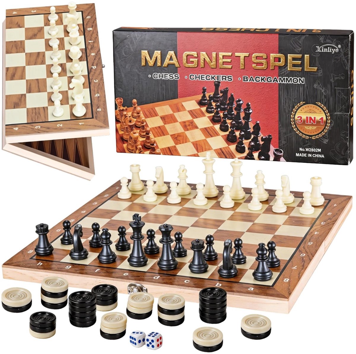 Elzusha - 3-in-1 Houten Schaakset met Opvouwbaar Bord