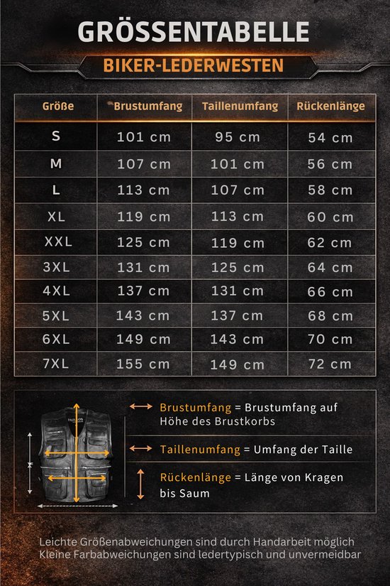 Maattabel voor Paulgos biker-ledervesten met afmetingen voor borstomvang, taille en ruglengte van S tot 7XL.