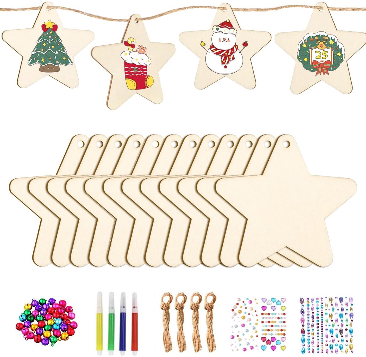Elzusha - Set van 36 Houten Sterren voor Kerstdecoratie en Knutselen