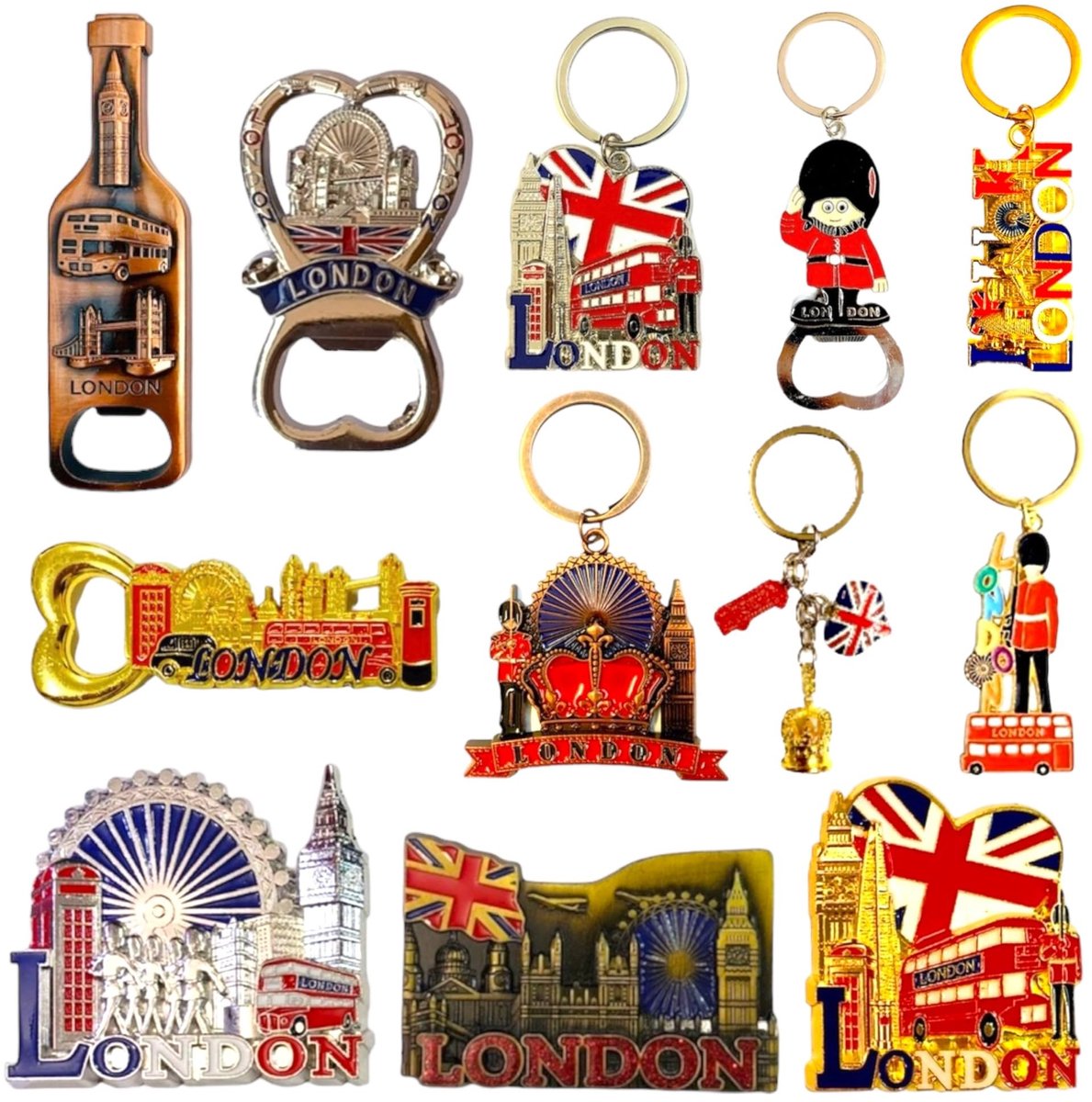 Elzusha - 12 Mix London Souvenirs - Metaal Fridge Magneten en Sleutelhangers