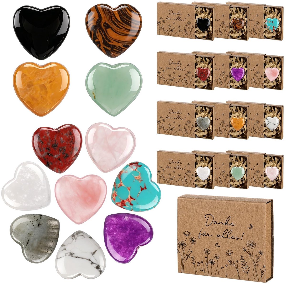 Elzusha - Set van 12 Geluks Hartjes van Kristal met Kraft Papieren Dozen
