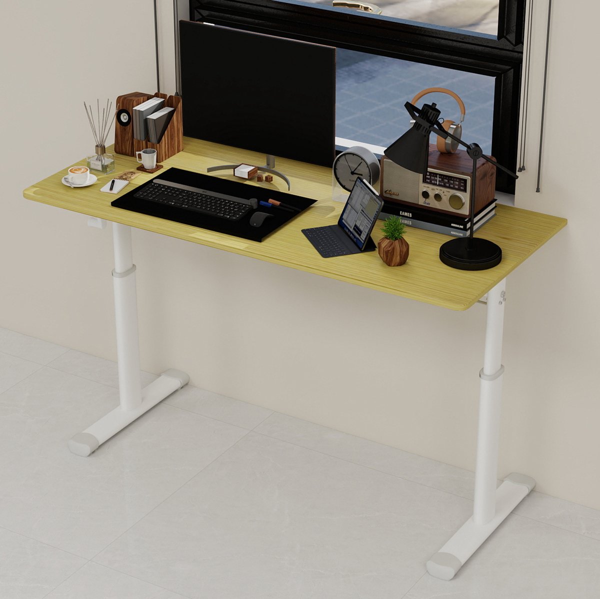 Wishdor Verstelbaar bureau - Handmatig in hoogte verstelbaar - Zit-sta functie - Dubbele kolom - Voor thuiswerk studie kantoor - Metaal en hout - Hout - 120 x 60 x 60-90 cm