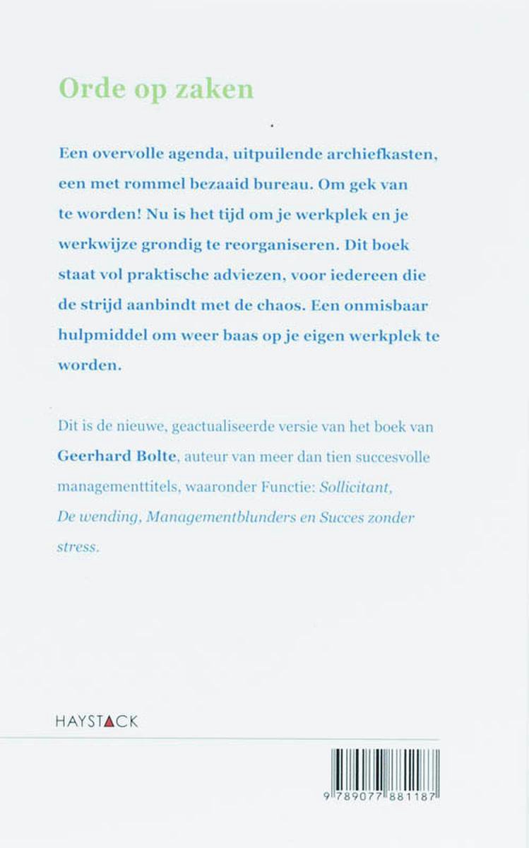 Boek 'Orde op zaken' met een beschrijving van de inhoud en een streepjescode. De auteur is Geerhard Bolte.