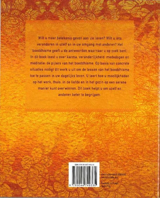 Oranje achtergrond met tekst over boeddhisme. ISBN: 978-9044749335.
