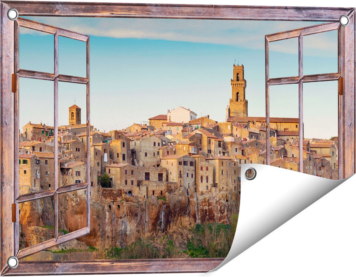 Gards Tuinposter Doorkijk Oude Stad in Toscane, Italië - 60x40 cm - Tuindoek - Tuindecoratie - Wanddecoratie buiten - Tuinschilderij Bruin