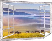 Gards Tuinposter Doorkijk Kudde Wilde Paarden in de Wei bij Heuvels - 150x100 cm - Tuindoek - Tuindecoratie - Wanddecoratie buiten - Tuinschilderij