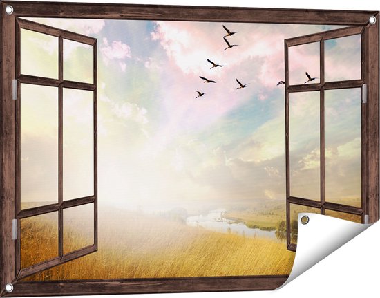 Gards Tuinposter Doorkijk Groep Vogels Vliegen Boven het Gras - 90x60 cm - Tuindoek - Tuindecoratie - Wanddecoratie buiten - Tuinschilderij