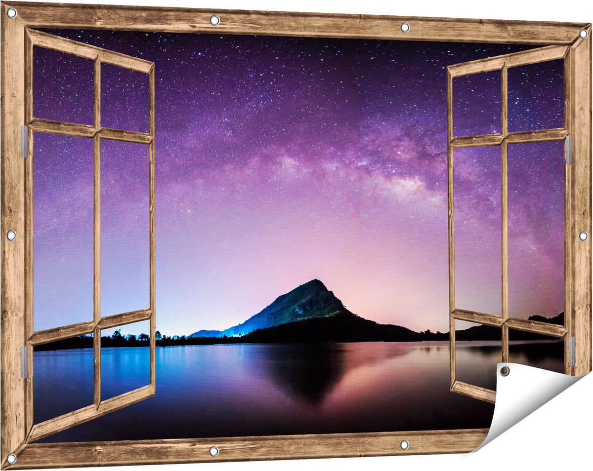 Gards Tuinposter Doorkijk Melkweg bij een Berg in Thailand - 120x80 cm - Tuindoek - Tuindecoratie - Wanddecoratie buiten - Tuinschilderij licht bruin
