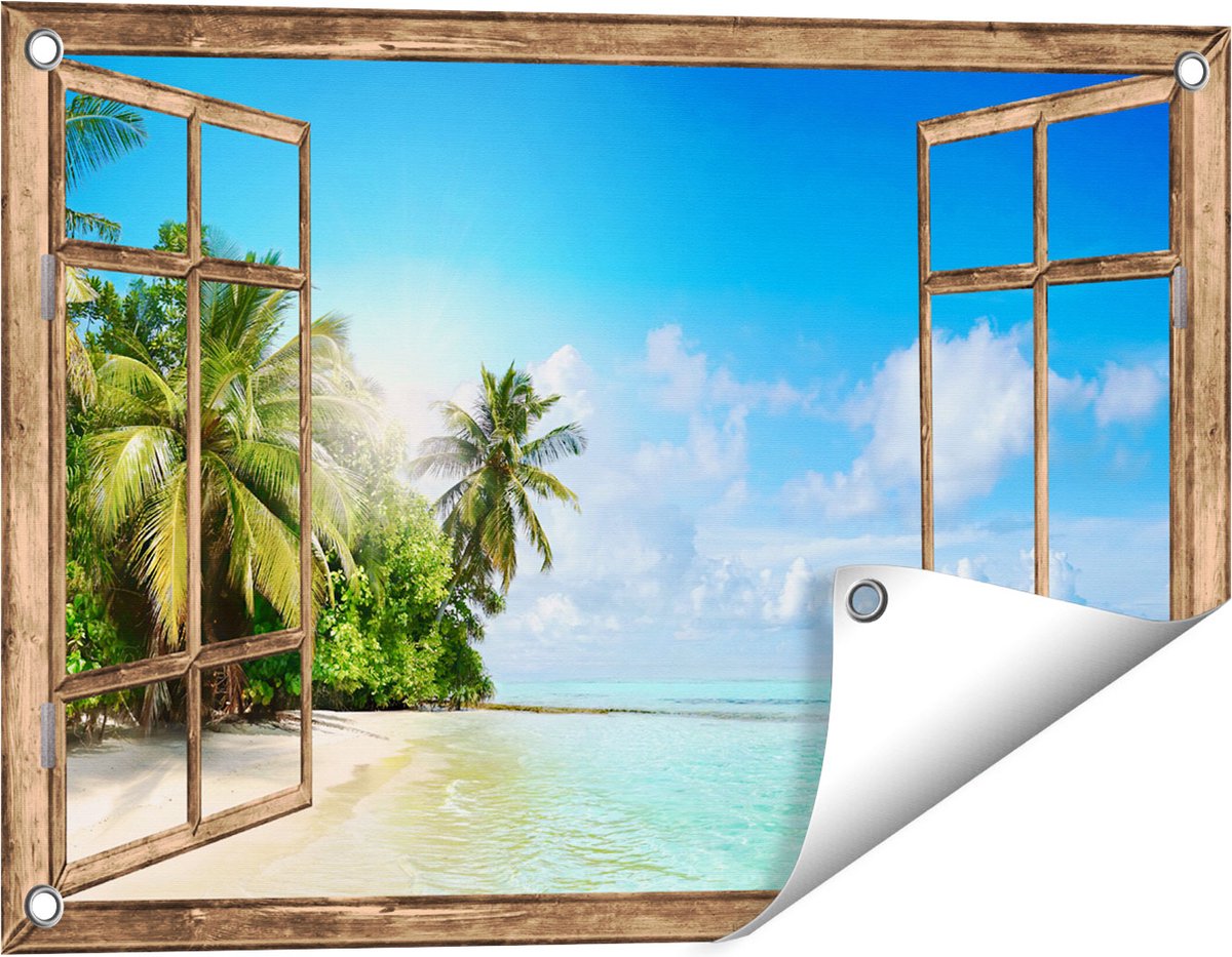 Gards Tuinposter Doorkijk Tropisch Strand bij de Licht Blauwe Zee - 60x40 cm - Tuindoek - Tuindecoratie - Wanddecoratie buiten - Tuinschilderij Licht bruin