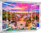 Gards Tuinposter Doorkijk Park Güell Uitzicht op Barcelona - 180x120 cm - Tuindoek - Tuindecoratie - Wanddecoratie buiten - Tuinschilderij