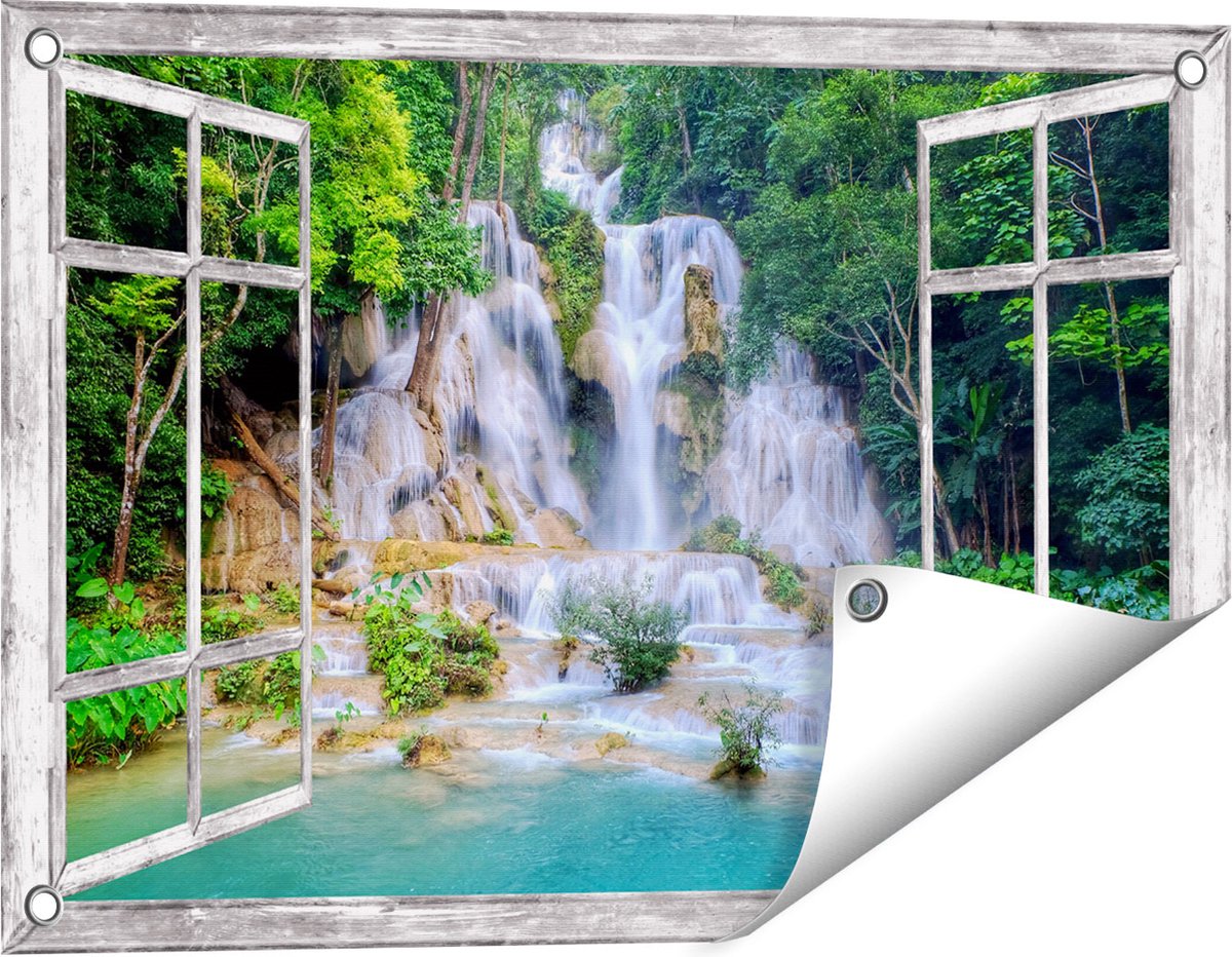 Gards Tuinposter Doorkijk Waterval in het Tropische Natuur - 60x40 cm - Tuindoek - Tuindecoratie - Wanddecoratie buiten - Tuinschilderij Grijs