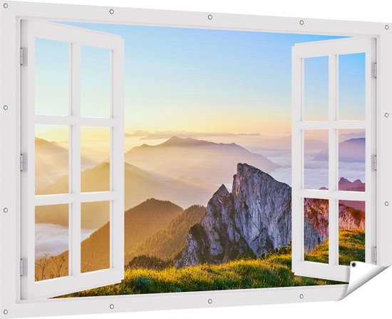 Affiche de jardin du Gards Voir à travers le lever du soleil dans les Montagnes des Alpes - 180x120 cm - Toile de jardin - Décoration de jardin - Décoration murale extérieure - Tableau de jardin