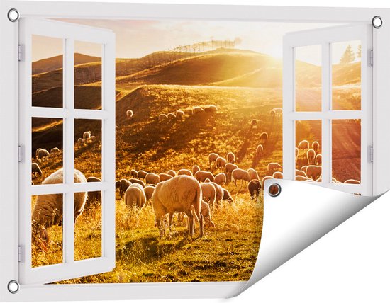 Gards Tuinposter Doorkijk Schapen in de Heuvels bij Zonsondergang - 60x40 cm - Tuindoek - Tuindecoratie - Wanddecoratie buiten - Tuinschilderij