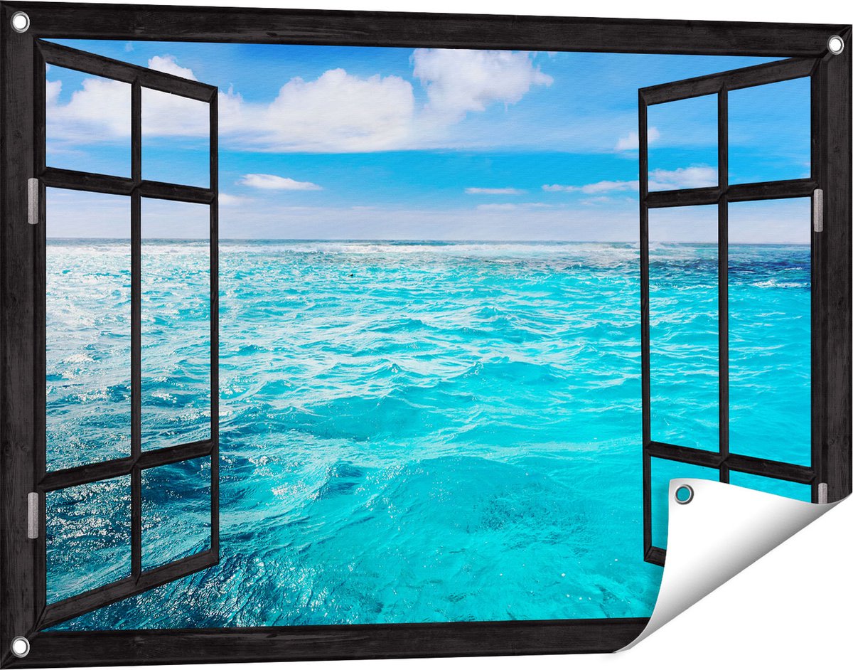 Gards Tuinposter Doorkijk Blauwe Caribische Zee Water - 90x60 cm - Tuindoek - Tuindecoratie - Wanddecoratie buiten - Tuinschilderij Zwart