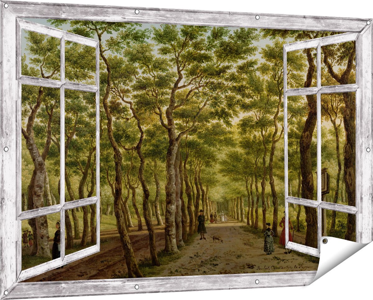 Gards Tuinposter Doorkijk Het Herepad in het Haagse Bos - Paulus Constantijn la Fargue - 150x100 cm - Tuindoek - Tuindecoratie - Wanddecoratie buiten - Tuinschilderij grijs