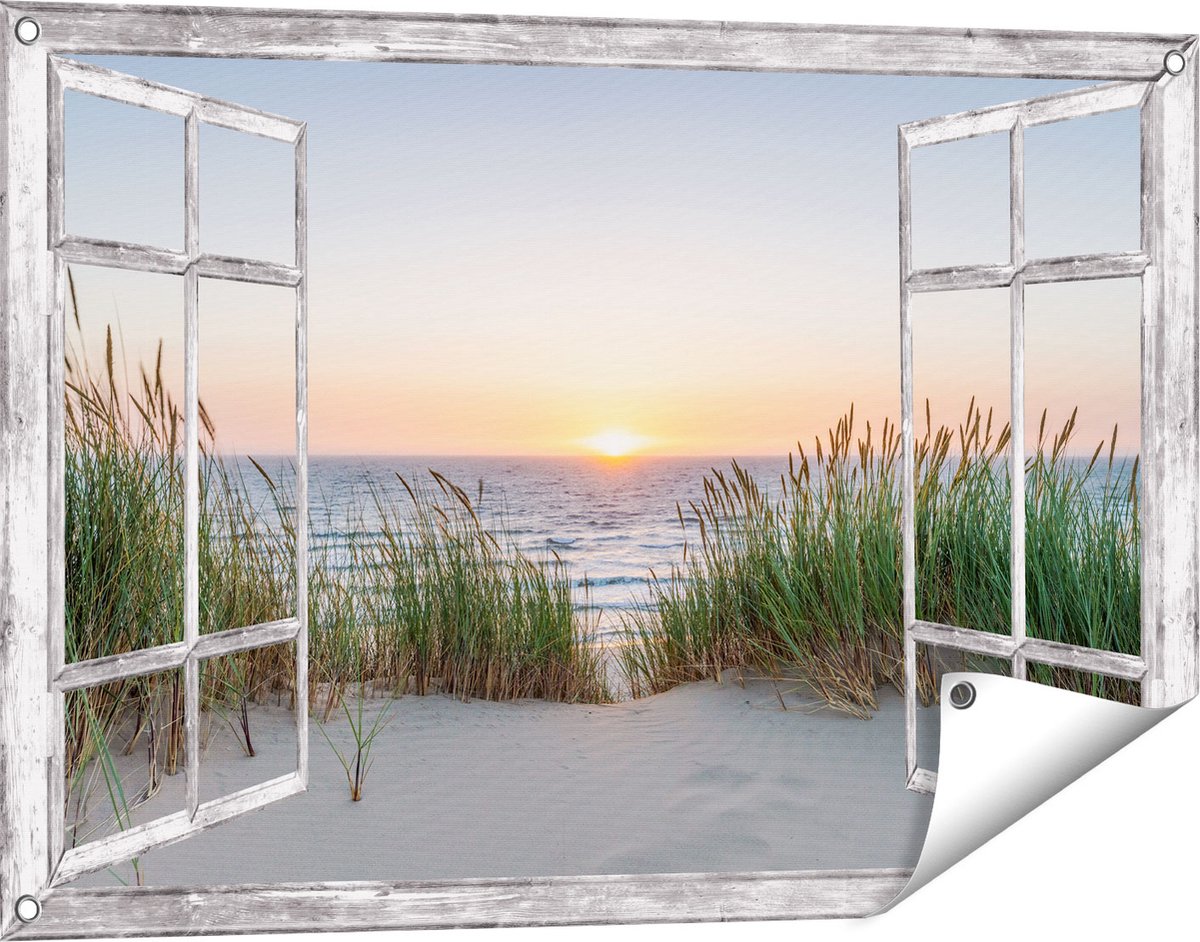 Gards Tuinposter Doorkijk Zee vanuit Duinen met Zonsondergang - 90x60 cm - Tuindoek - Tuindecoratie - Wanddecoratie buiten - Tuinschilderij Grijs