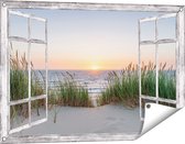 Gards Tuinposter Doorkijk Zee vanuit Duinen met Zonsondergang - 90x60 cm - Tuindoek - Tuindecoratie - Wanddecoratie buiten - Tuinschilderij