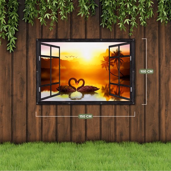 Gars Poster Jardin Transparent Deux Cygnes Noirs en Forme de Coeur - 150x100 cm - Toile jardin - Décoration de jardin - Décoration murale extérieur - Tableau jardin