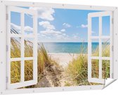 Gards Tuinposter Doorkijk Strand en Zee vanuit Duinen - 180x120 cm - Tuindoek - Tuindecoratie - Wanddecoratie buiten - Tuinschilderij