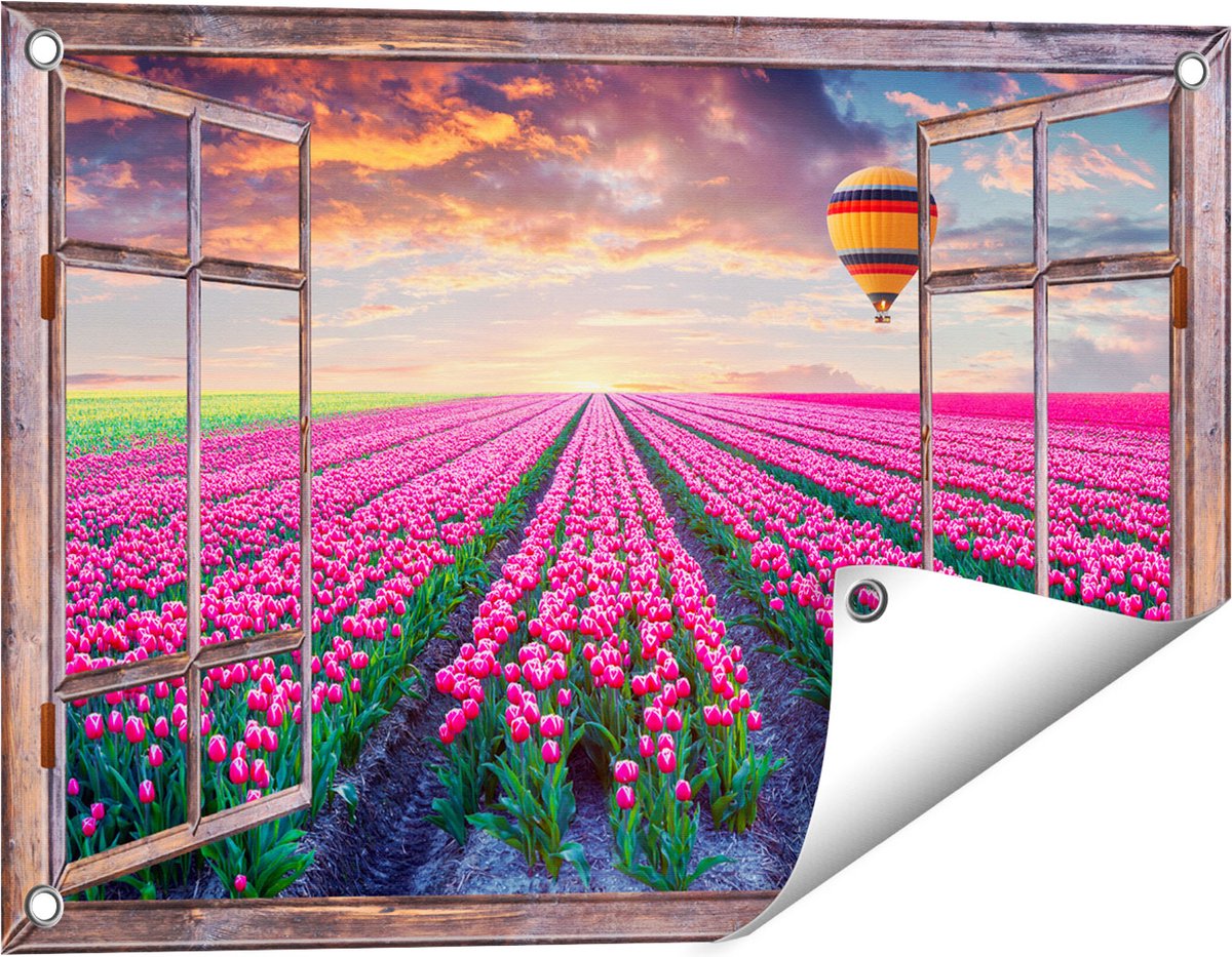 Gards Tuinposter Doorkijk Bloemenveld met Roze Tulpen - Luchtballon - 60x40 cm - Tuindoek - Tuindecoratie - Wanddecoratie buiten - Tuinschilderij