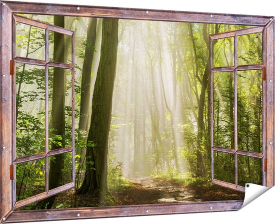 Gards Tuinposter Doorkijk Bos met Bomen en Zonneschijn - 180x120 cm - Tuindoek - Tuindecoratie - Wanddecoratie buiten - Tuinschilderij