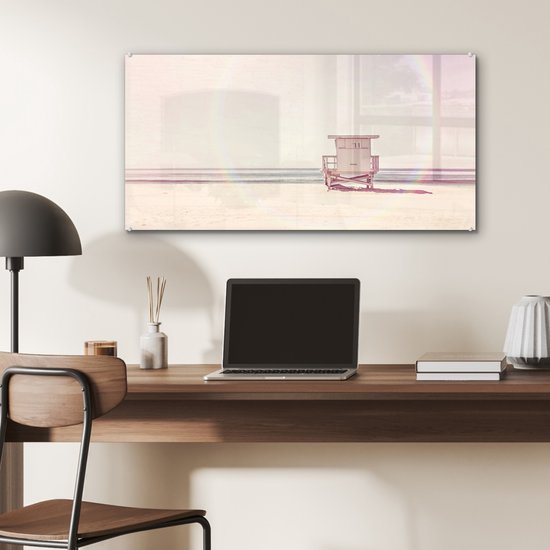 MuchoWow® Peinture sur verre 80x40 cm - Peinture sur verre acrylique - Plage - Cabane - Soleil - Mer - Été - Photo sur verre - Peintures