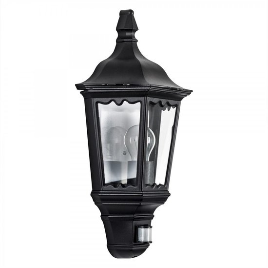 Zwarte klassieke wandlamp met glas en bewegingssensor.
