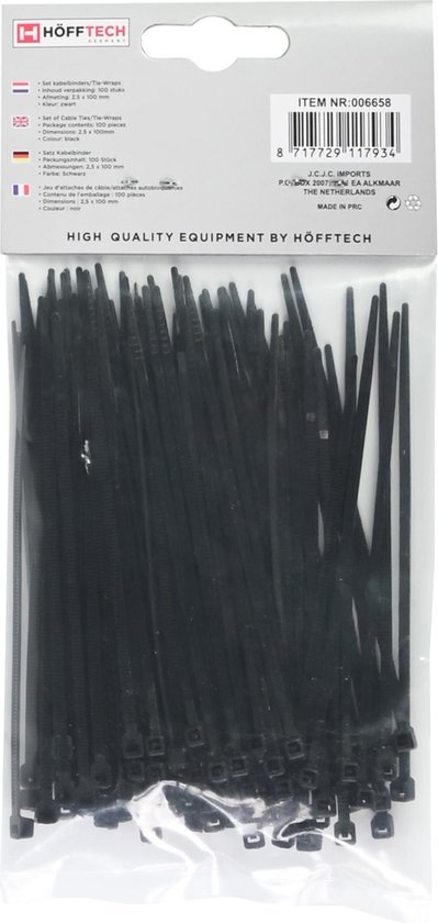 Een pak van 100 zwarte kabelbinders, 2.5 x 100 mm, van Hofftech.