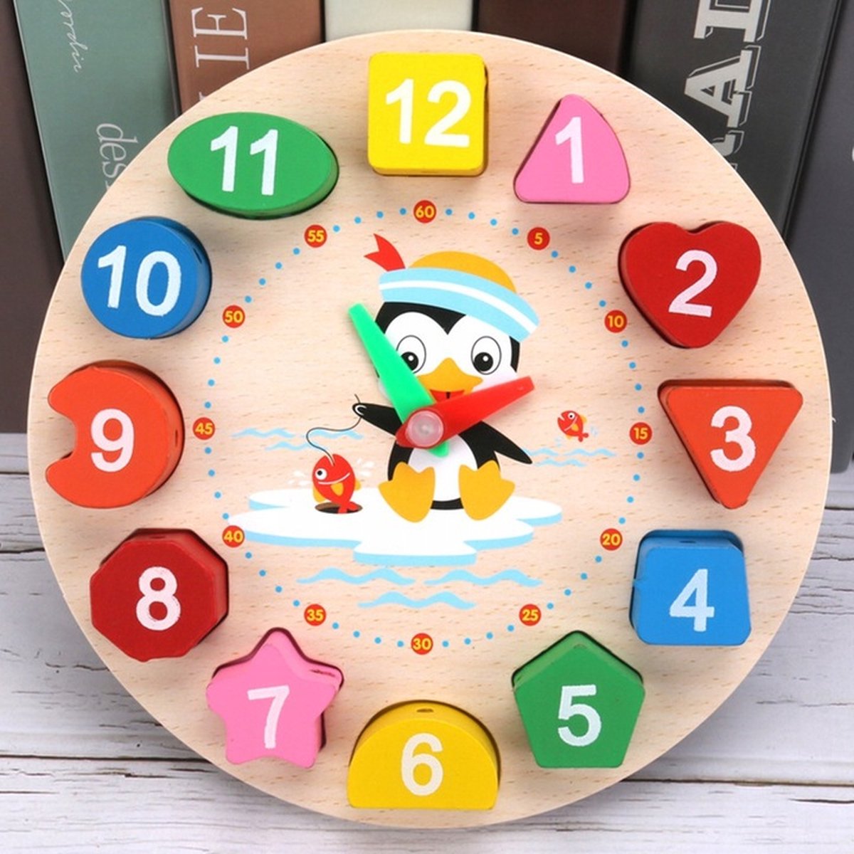 Leerklok - Pinguin - 18 cm - Houten Speelklok - Klokkijken - Oefenklok - Educatief Spel - Motoriek - Kralen Rijgen - Montessori Speelgoed - Motorisch Speelgoed