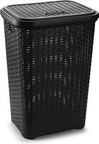 Grote rotan wasmand/opbergmand met deksel 60 liter in kleur zwart - Kunststof - L35 x B43 x H62 cm - Wasmanden