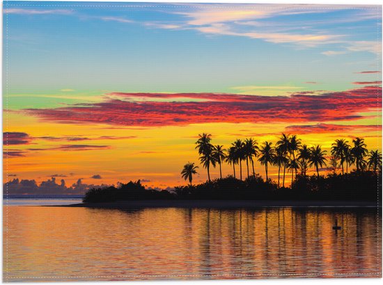 Vlag - Silhouet van Palmbomen aan het Water tijdens Zomerse Zonsondergang - 40x30 cm Foto op Polyester Vlag