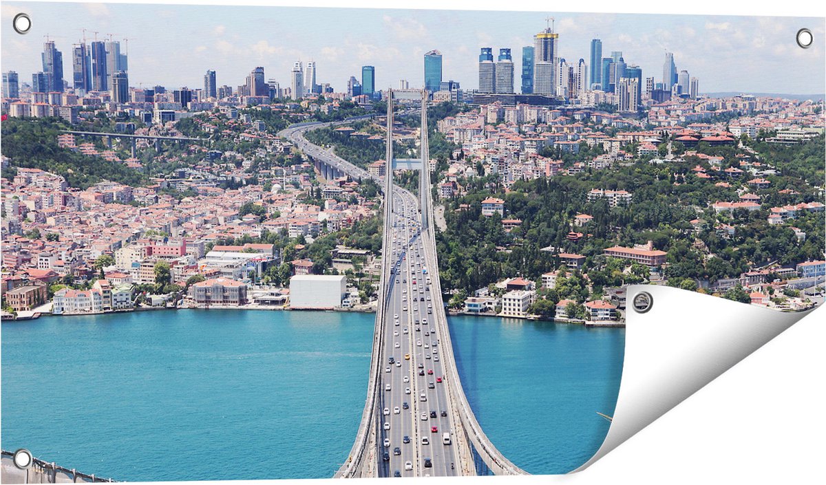 Gards Tuinposter Istanbul Bosporus Brug vanaf Boven - 80x40 cm - Tuindoek - Tuindecoratie - Wanddecoratie buiten - Tuinschilderij Multikleur
