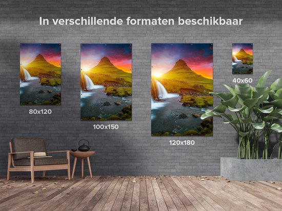 Gards Tuinposter Waterval bij een Vulkaan met Zonsondergang - 40x60 cm - Tuindoek - Tuindecoratie - Wanddecoratie buiten - Tuinschilderij
