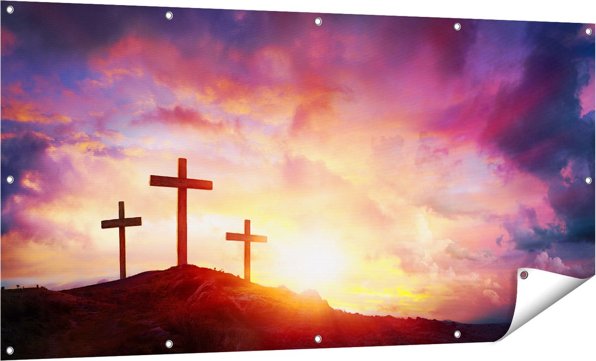 Gards Tuinposter Kruisiging van Jezus Christus - Drie Kruisen - 160x80 cm - Tuindoek - Tuindecoratie - Wanddecoratie buiten - Tuinschilderij Multikleur