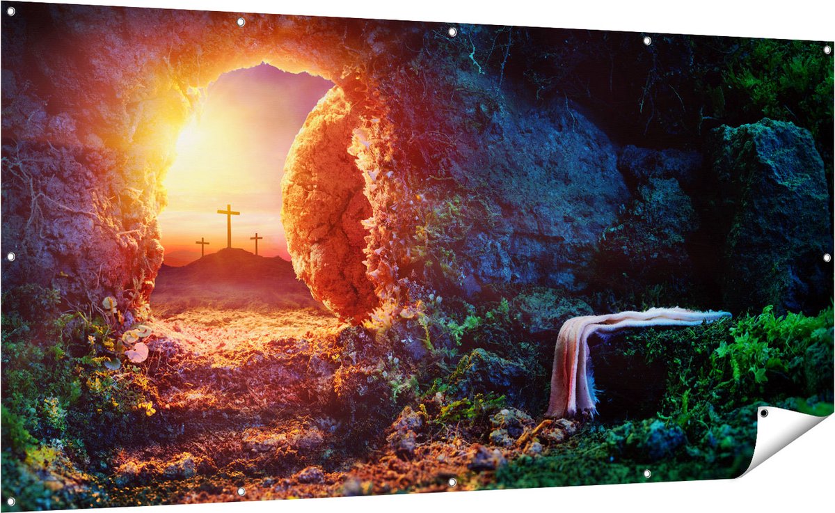 Gards Tuinposter Kruisiging bij Zonsopgang - Opstanding Jezus - 200x100 cm - Tuindoek - Tuindecoratie - Wanddecoratie buiten - Tuinschilderij Multikleur