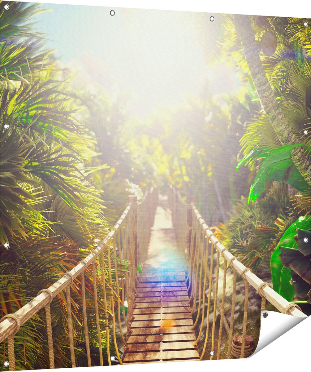 Gards Tuinposter Houten Brug in de Tropische Jungle - 120x120 cm - Tuindoek - Tuindecoratie - Wanddecoratie buiten - Tuinschilderij Multikleur