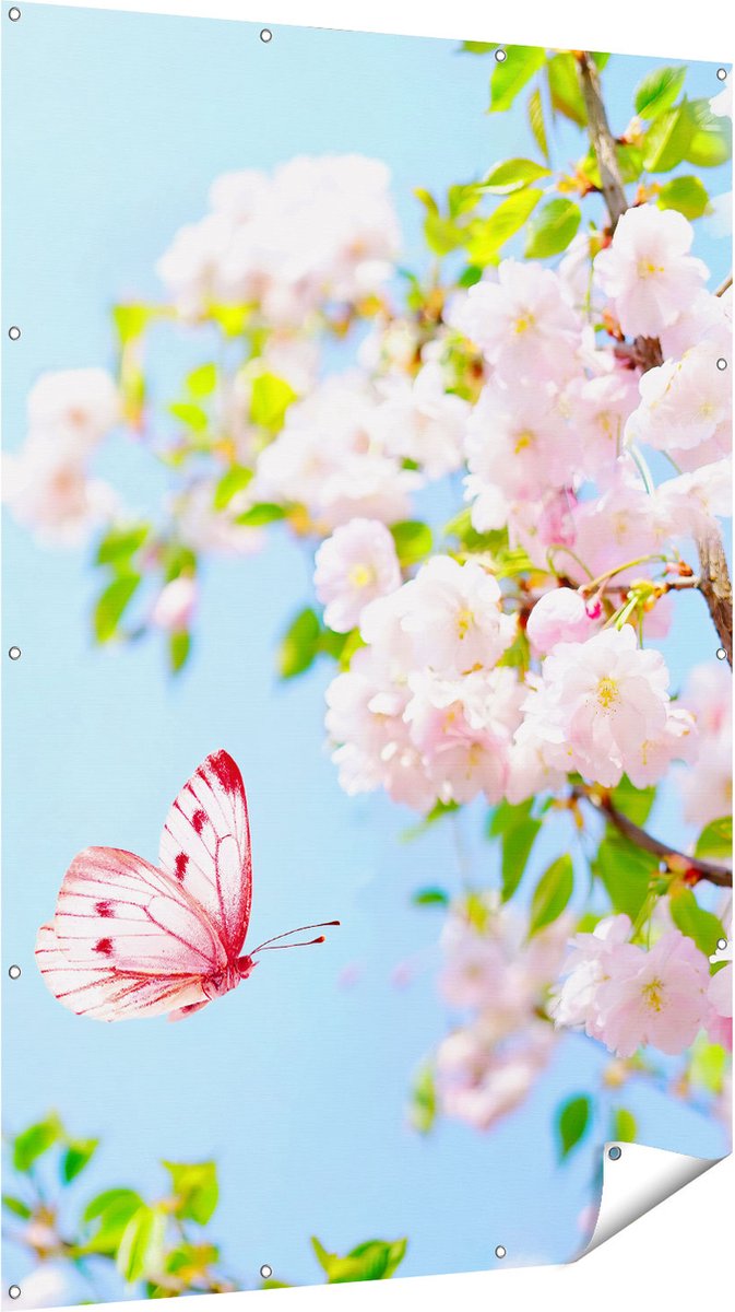 Gards Tuinposter Twee Roze Vlinders bij Roze Bloesem Bloemen - 120x180 cm - Tuindoek - Tuindecoratie - Wanddecoratie buiten - Tuinschilderij Multikleur