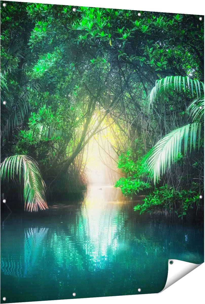 Gards Tuinposter Tropische Jungle met een Turquoise Meer - 120x150 cm - Tuindoek - Tuindecoratie - Wanddecoratie buiten - Tuinschilderij Multikleur