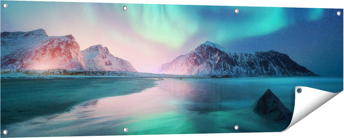 Gards Tuinposter Groene Noorderlicht in Noorwegen - 150x50 cm - Tuindoek - Tuindecoratie - Wanddecoratie buiten - Tuinschilderij Multikleur