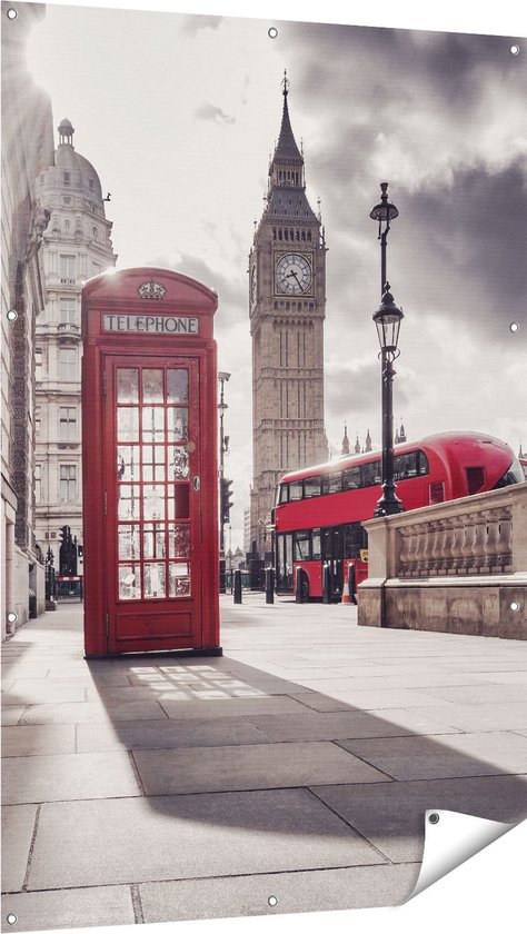 Gards Affiche jardin Cabine téléphonique rouge à Londres près de Big Ben - 100x150 cm - Toile jardin - Décoration de jardin - Décoration murale extérieur - Tableau jardin