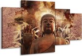 GroepArt - Schilderij -  Boeddha - Bruin, Wit - 160x90cm 4Luik - Schilderij Op Canvas - Foto Op Canvas
