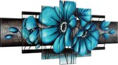 Schilderij - Groot - Bloemen - Turquoise , Grijs - 210x100cm 7Luik - GroepArt - Handgeschilderd Schilderij- Canvas Schilderij - Wanddecoratie - Woonkamer - Slaapkamer - Geschilderd Door Onze Kunstenaars 2000+Collectie Maatwerk Mogelijk