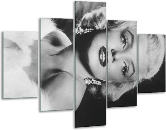 Glasschilderij -  Marilyn Monroe - Zwart, Wit, Grijs - 100x70cm 5Luik - Geen Acrylglas Schilderij - GroepArt 6000+ Glasschilderijen Collectie - Wanddecoratie- Foto Op Glas