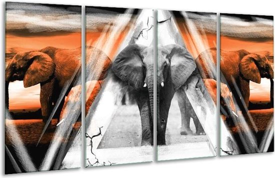 GroepArt - Glasschilderij - Olifant - Oranje, Wit, Grijs - 160x80cm 4Luik - Foto Op Glas - Geen Acrylglas Schilderij - 6000+ Glasschilderijen Collectie - Wanddecoratie