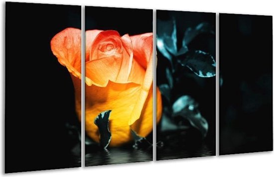 GroepArt - Glasschilderij - Roos - Geel, Oranje, Zwart - 160x80cm 4Luik - Foto Op Glas - Geen Acrylglas Schilderij - 6000+ Glasschilderijen Collectie - Wanddecoratie